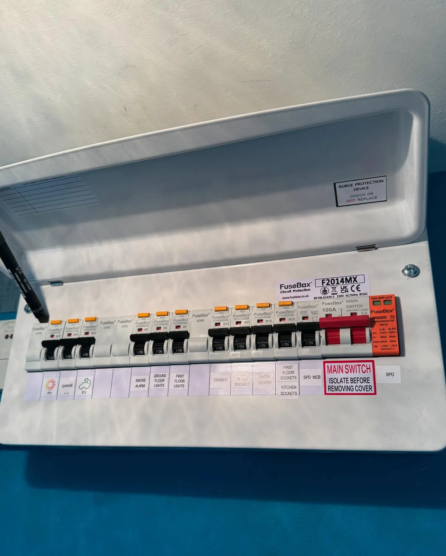 Open FuseBox consumer unit with labelled circuit breakers