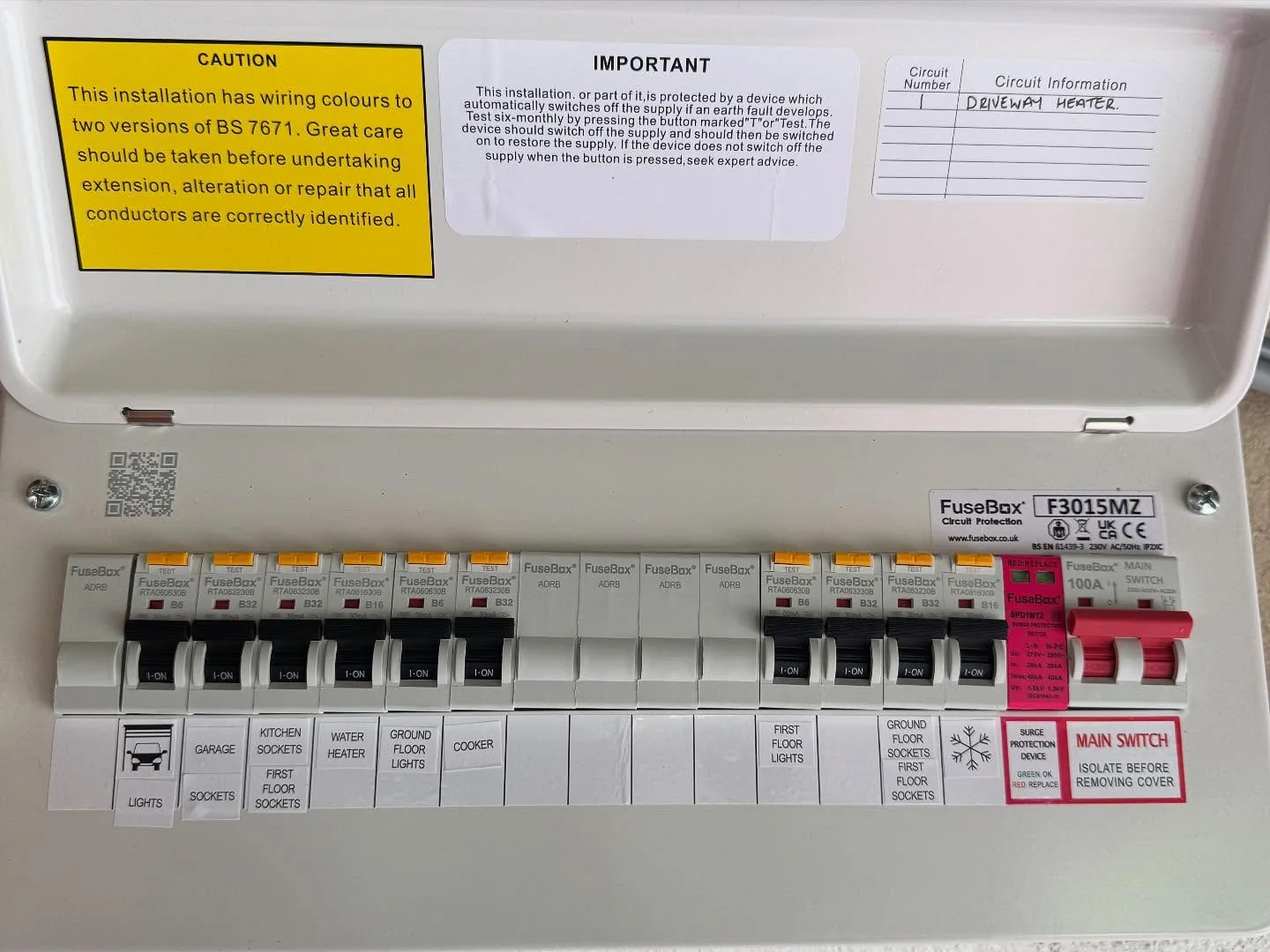 Labelled FuseBox consumer unit with surge protection